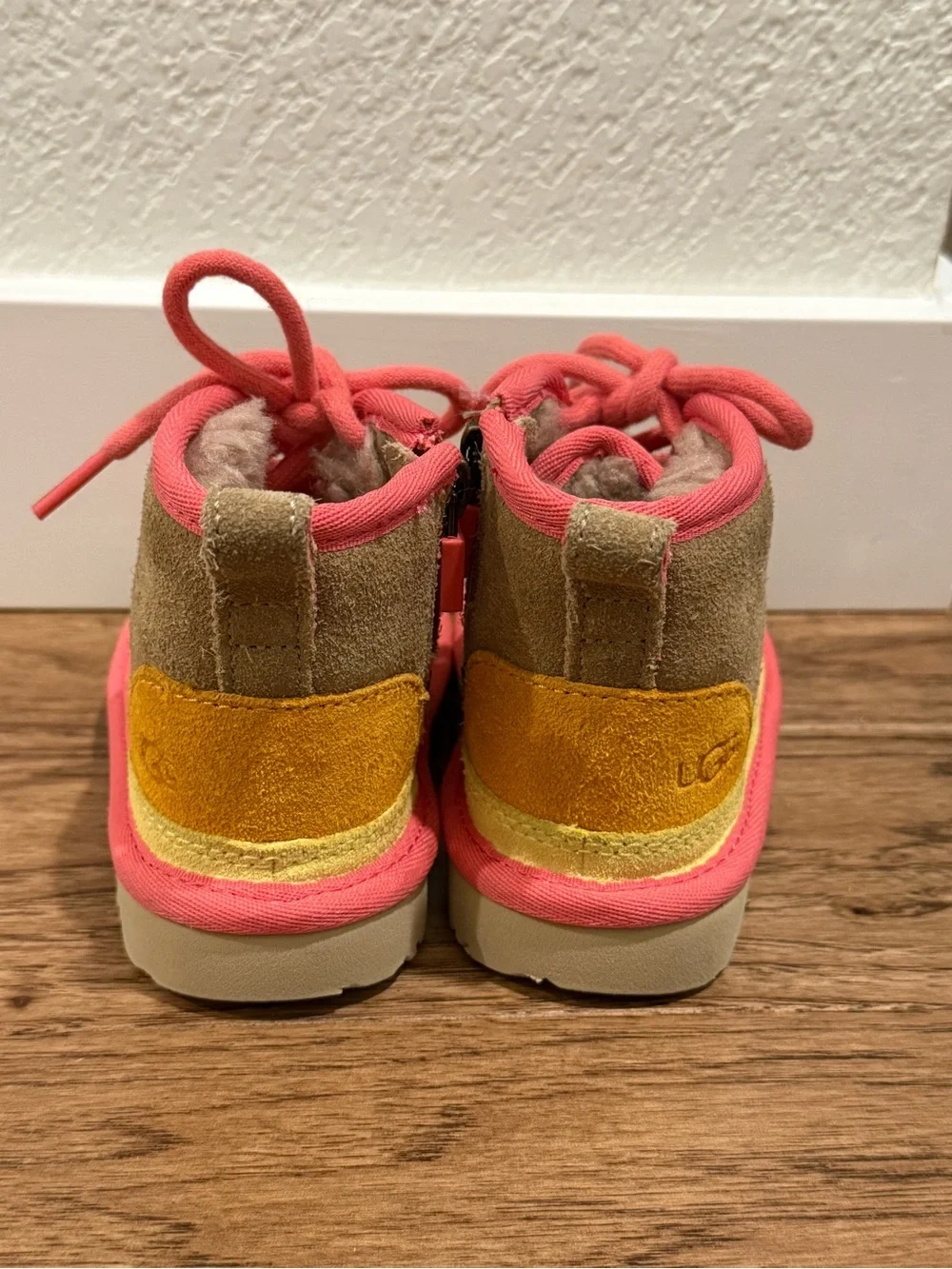 UGG Toddler Tan Suede Boots with Pink and Yellow Accents